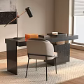Modern Black Desk Interior With Gray Chair Table Lamp Books Cup And Light Rug