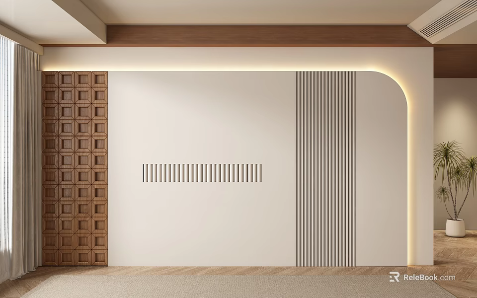 Modern Sofa Background Wall Design With Wooden Panel Vertical Stripes And Soft Lighting 3d model