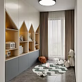 Kids Room With White Grey Storage Cabinet House Shaped Shelves Rabbit Dolls Toys And Rug