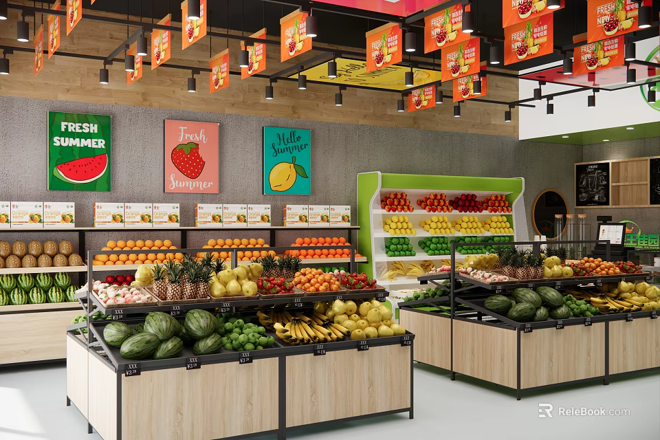 Vibrant Fruit Store With Fresh Watermelon Strawberry Lemon And Organized Wooden Shelves 3d model 