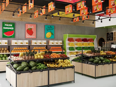 Vibrant Fruit Store With Fresh Watermelon Strawberry Lemon And Organized Wooden Shelves 3d model