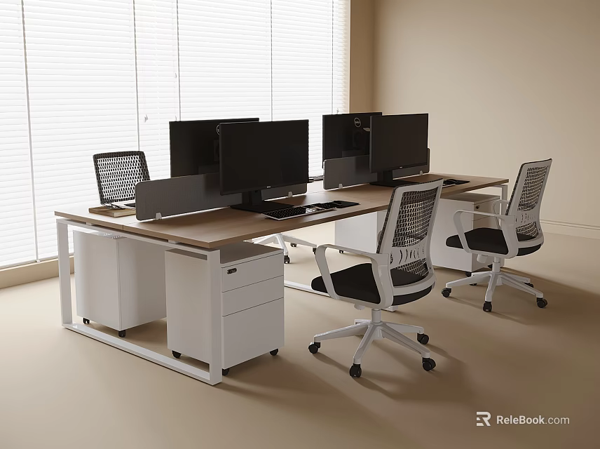Modern Office Desk With Multiple Computer Monitors Ergonomic Chairs White Drawers And Window Blinds Setup 3d model