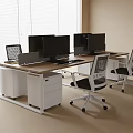 Modern Office Desk With Multiple Computer Monitors Ergonomic Chairs White Drawers And Window Blinds Setup 3d model