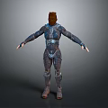 Woman In Detailed Futuristic Armor With Outstretched Arms On Gray Background
