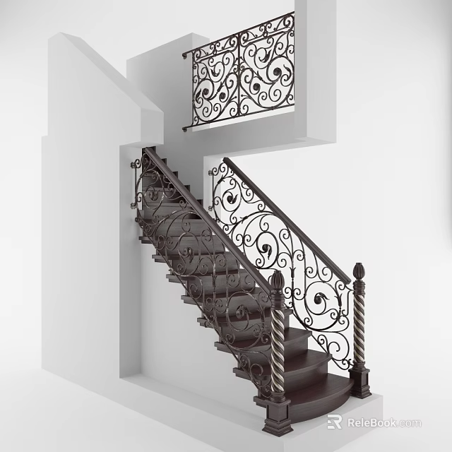Classic Staircase Featuring Wrought Iron Railings With Intricate Floral Patterns And Dark Wooden Steps 3d model 