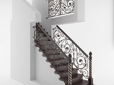 Classic Staircase Featuring Wrought Iron Railings With Intricate Floral Patterns And Dark Wooden Steps 3d model