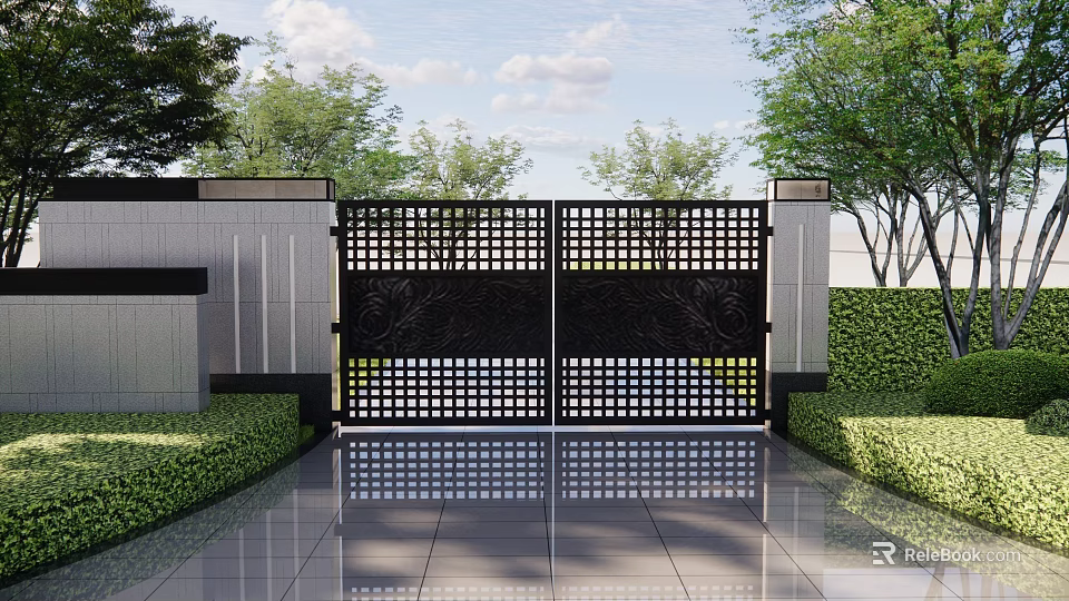 Modern Building Facade Featuring Black Grid Gate Gray Wall Green Shrubs Trees And Sleek Tiles 3d model 