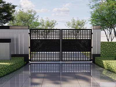 Modern Building Facade Featuring Black Grid Gate Gray Wall Green Shrubs Trees And Sleek Tiles 3d model