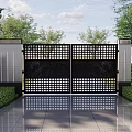 Modern Building Facade Featuring Black Grid Gate Gray Wall Green Shrubs Trees And Sleek Tiles