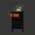 Black Wooden Cabinet With Floral Fruit Paintings Green Plant Golden Vase And Book