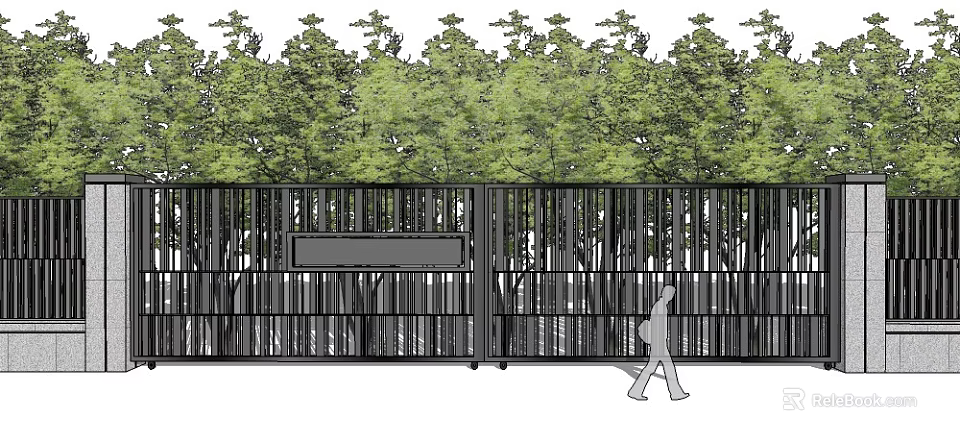 Black Metal Entrance Gate With Signboard And Green Trees Near Walking Person 3d model 
