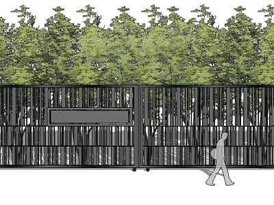 Black Metal Entrance Gate With Signboard And Green Trees Near Walking Person 3d model