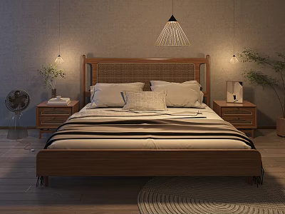 Wooden Double Bed With Wicker Headboard Striped Bedspread And Nightstands With Lamps 3d model