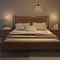 Wooden Double Bed With Wicker Headboard Striped Bedspread And Nightstands With Lamps