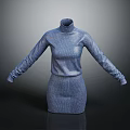 Blue Ribbed Knit Turtleneck Dress With Long Sleeves For Women