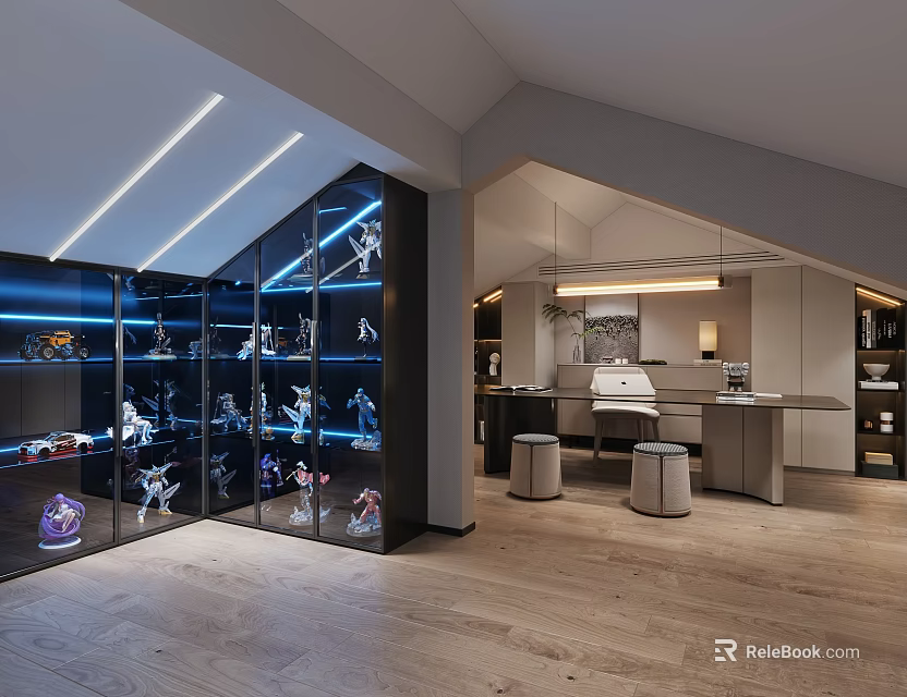 Modern Study Room Interior With Glass Display Case Figurines Wooden Floor And Linear Ceiling Lights 3d model 