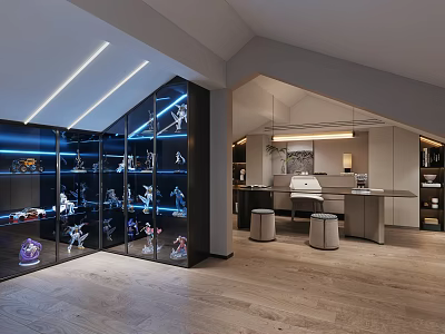 Modern Study Room Interior With Glass Display Case Figurines Wooden Floor And Linear Ceiling Lights 3d model