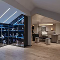 Modern Study Room Interior With Glass Display Case Figurines Wooden Floor And Linear Ceiling Lights