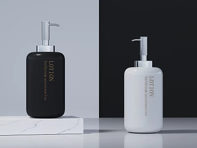 Modern Bathroom Accessories With Black And White Lotion Bottles On Marble Countertop 3d model