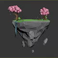 Floating Fantasy Island With Green Grass Pink Trees Blue Pond Waterfall And Floating Rocks