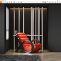 Red Modern Lounge Chair In Interior With Black And White Vertical Partition And Side Table