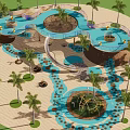 Garden Playground Features With Palm Trees Blue Water Channels And Sand Area