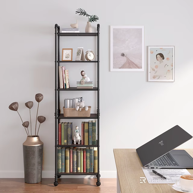 Multi tiered Bookshelf With Books Decorative Items Photo Frames Wall Art Vase And Laptop 3d model 