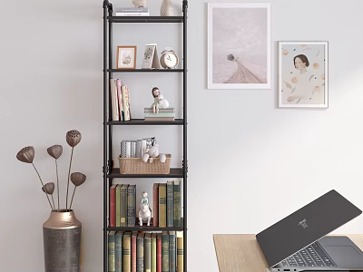 Multi tiered Bookshelf With Books Decorative Items Photo Frames Wall Art Vase And Laptop 3d model