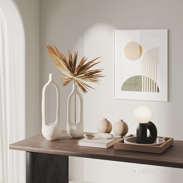 Elegant Decorative Ornament Set With White Vases Palm Leaf And Geometric Wall Art 3d model 