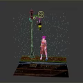 Decorative Street Lamp With Yellow Light And Standing Figure On Grass Base With Raindrops