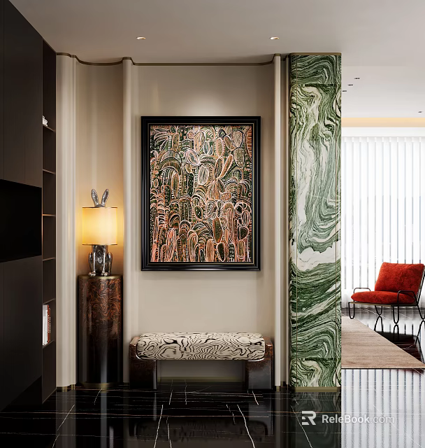 Entryway Interior Design With Colorful Painting Zebra Print Bench And Marble Wall 3d model 