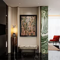 Entryway Interior Design With Colorful Painting Zebra Print Bench And Marble Wall