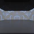 Futuristic Tech Exhibition Hall With Blue Glowing Curves Dark Floor And Flowing Light Effects
