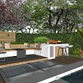 Garden Courtyard Design With Outdoor Sofa Cushions Wooden Fence Bar Counter And Swimming Pool Edge