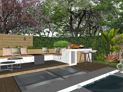 Garden Courtyard Design With Outdoor Sofa Cushions Wooden Fence Bar Counter And Swimming Pool Edge 3d model