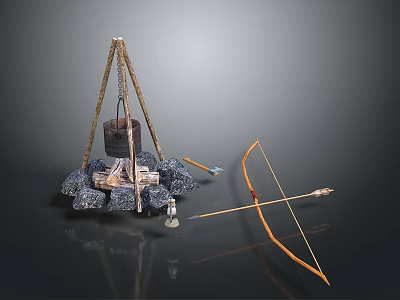 Primitive Tripod Cooking Scene With Hanging Pot Stones And Bow Arrow 3d model