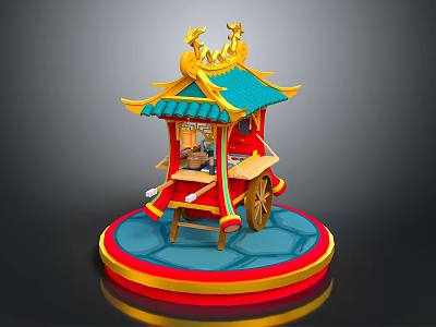 Traditional Chinese Decorative Vendor Cart With Green Roof Golden Ornaments Red Body And Circular Base 3d model