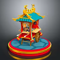 Traditional Chinese Decorative Vendor Cart With Green Roof Golden Ornaments Red Body And Circular Base
