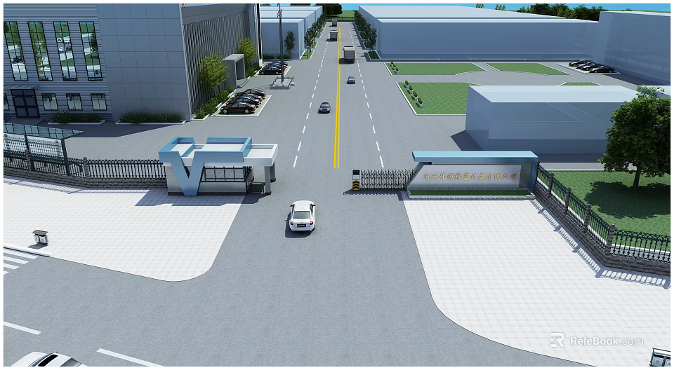 Industrial Entrance Gate With Vehicle Access Road Parking Area And Buildings 3d model 