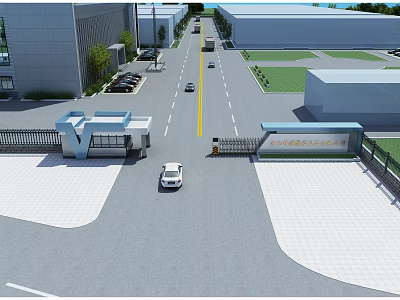 Industrial Entrance Gate With Vehicle Access Road Parking Area And Buildings 3d model
