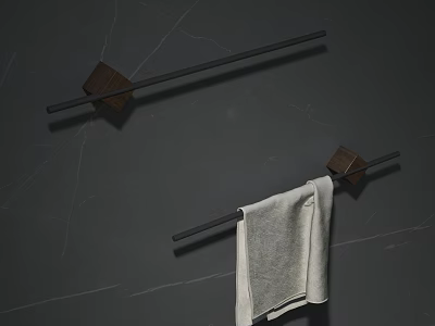 Modern Bathroom Towel Rack with Wooden Accents and Metal Bar on Marble Wall 3d model