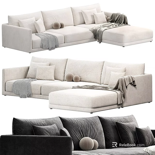 Light Beige Upholstered Sectional Sofa With Plush Pillows And Cozy Blankets 3d model 