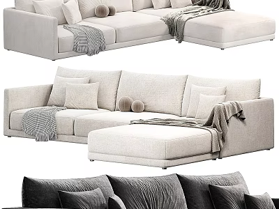 Light Beige Upholstered Sectional Sofa With Plush Pillows And Cozy Blankets 3d model