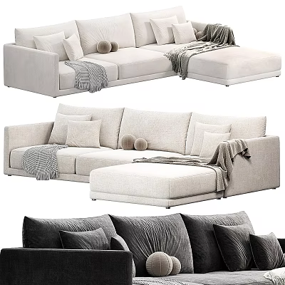 Light Beige Upholstered Sectional Sofa With Plush Pillows And Cozy Blankets 3d model