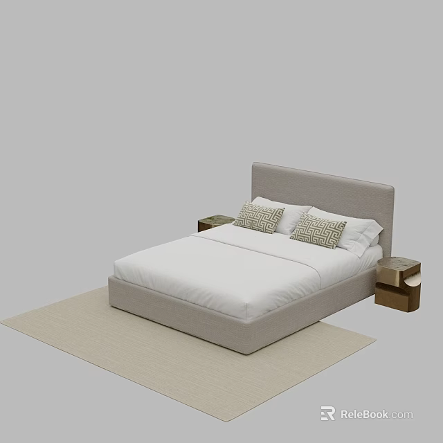 Double Bed with Gray Headboard White Bedding Two Side Tables and Beige Rug 3d model