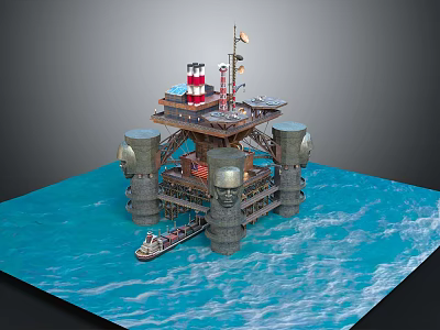 Offshore Oil Drilling Platform With Pillars Structure And Small Boat In Ocean Water 3d model