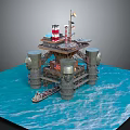 Offshore Oil Drilling Platform With Pillars Structure And Small Boat In Ocean Water