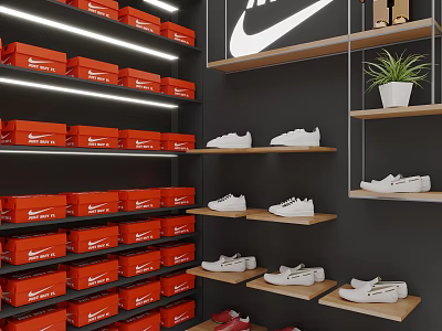 Modern Shoe Store Interior With Red Boxes Wooden Shelves White Shoes And Nike Logo 3d model