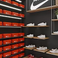 Modern Shoe Store Interior With Red Boxes Wooden Shelves White Shoes And Nike Logo