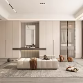 Modern Walk-in Closet Interior Design With White Cabinets Mirror Bench And Soft Rug